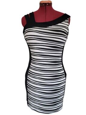 Frank Lyman Design Black & White Asymmetrical Striped Sheath Dress Cocktail